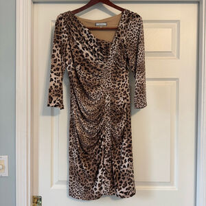 Women's Laura Max Poet Dress Size M Leopard Print 3/4 Sleeve Ruched Bodycon